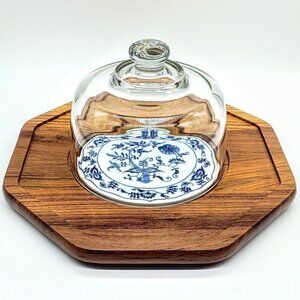 Vintage Dolphin Teakwood Cloche Blue White Center Tile Cheese Board